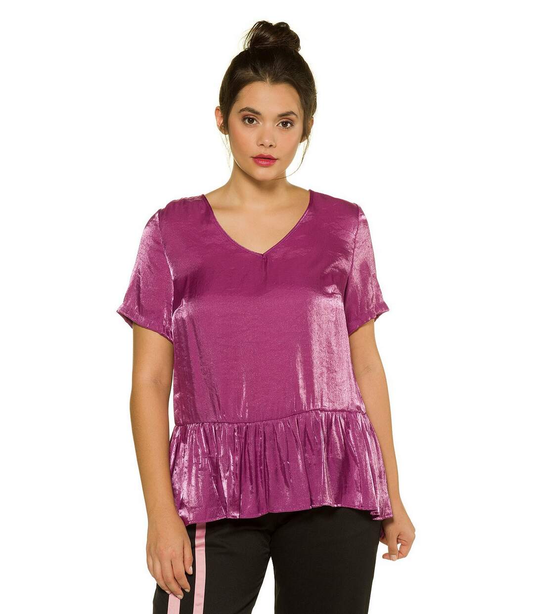 ULLA POPKEN Tunique avec détail de volants aubergine, demi-manches, décolleté en V