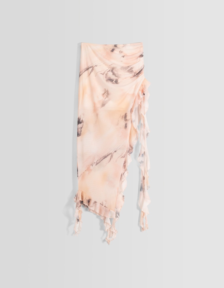 Saia midi de tule estampado com babados