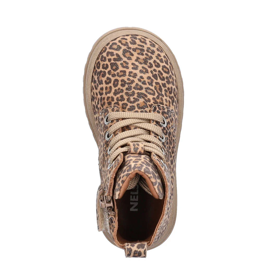 Nelson Kids nubuck veterboots met panterprint brons cognac/zwart