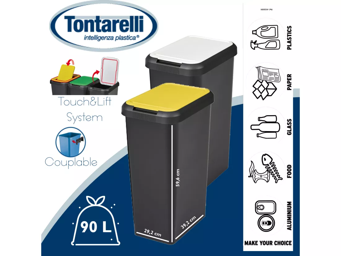 Réglez 2 bacs noirs Touch & Lift 90 litres avec couvercle jaune / blanc