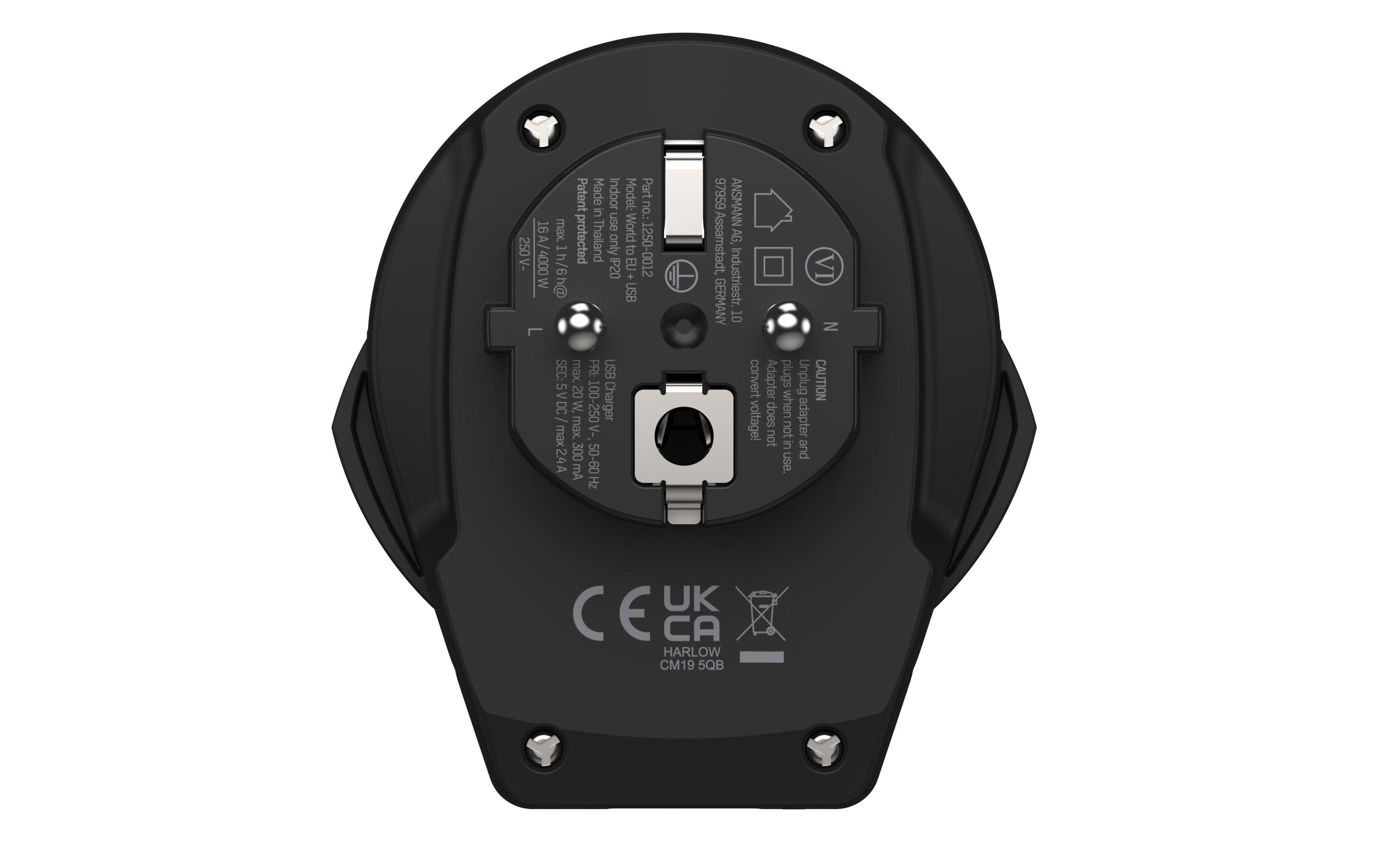Reiseadapter World to EU + USBKompakter Reisestecker mit Schutzleiter und USB Ladeanschluss