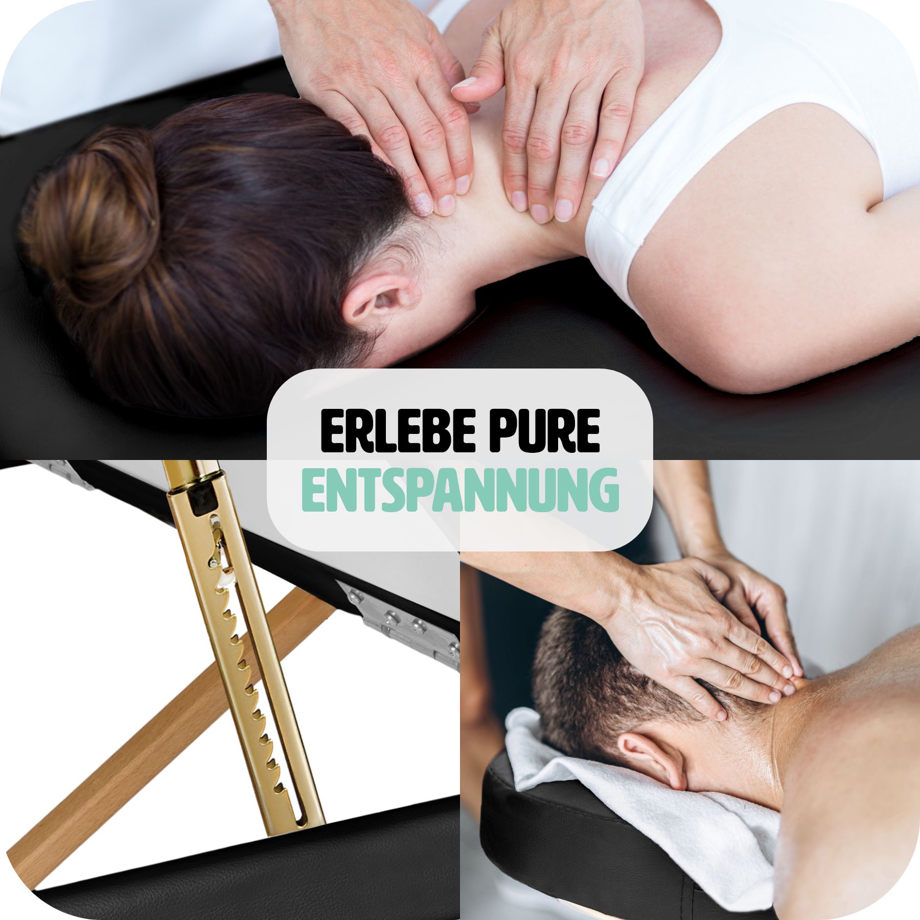 tectake® 3 Zonen Massageliege, oval, Polsterung 5 cm, mit Holzgestell, verstellbare Ablagen für Kopf und Arme, 230 x 104 x 62,5 - 85 cm