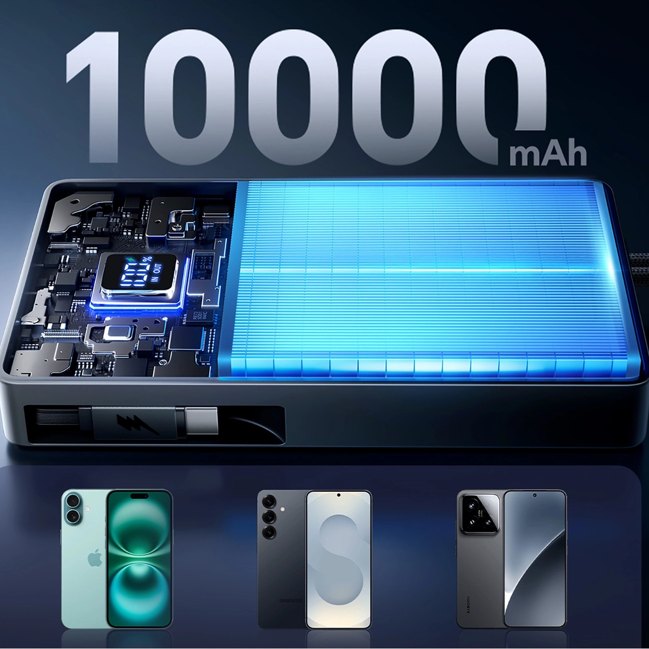 (22.5W) 10000mAh USB A / USB C Powerbank Power Delivery Ladegerät inkl. USB C Ladekabel mit LED Anzeige (JR-PR1) - Schwarz