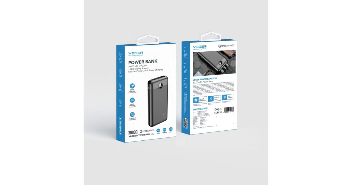 VEGERL30 powerbank 30.000 mAh  (Zwart)