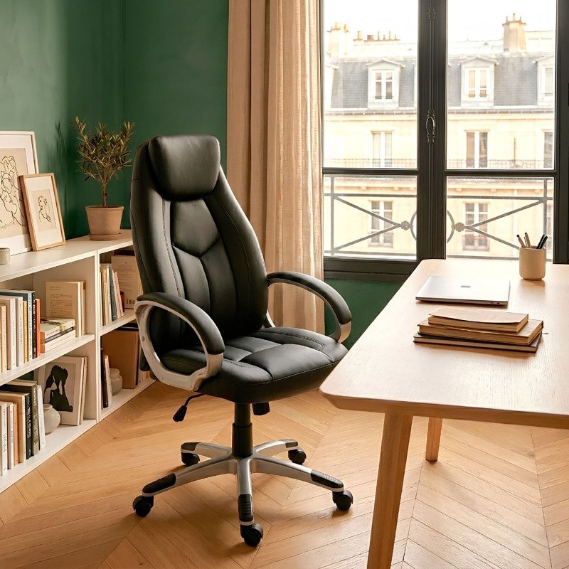 Fauteuil de bureau DARIUS simili cuir - avec accoudoirs, appui-tête et soutien lombaire - Mécanisme Basculant centré - Pieds aluminium