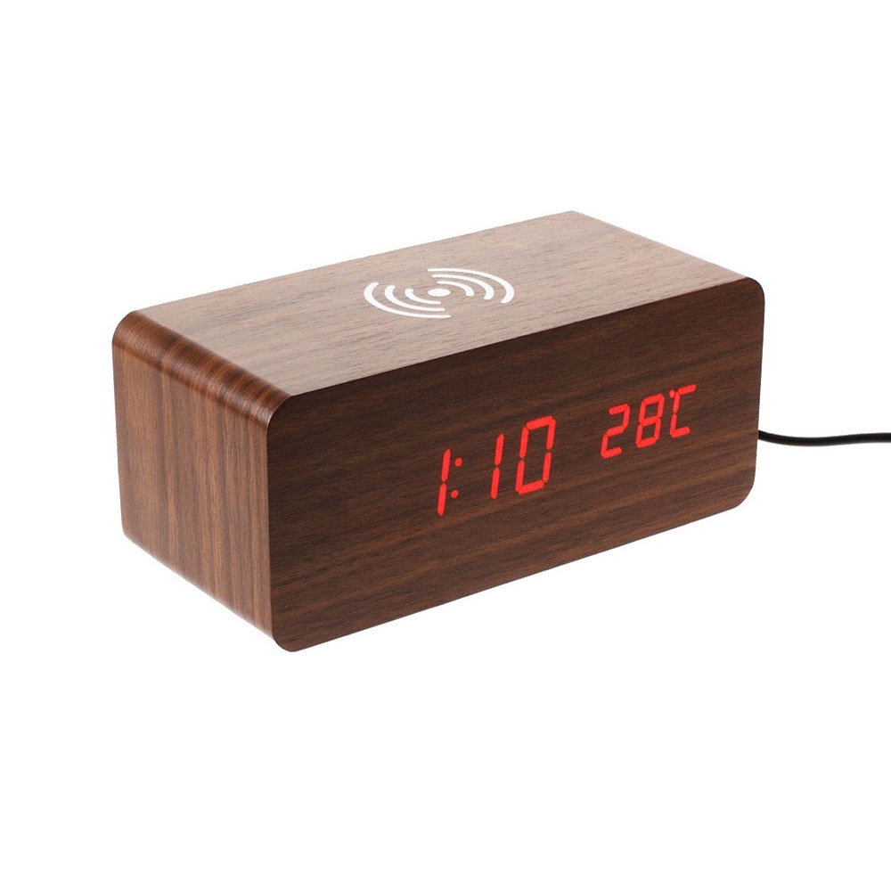 LED Wecker Holz Tischuhr Qi Wireless Ladegerät mit Sound Control - Dunkelbraun