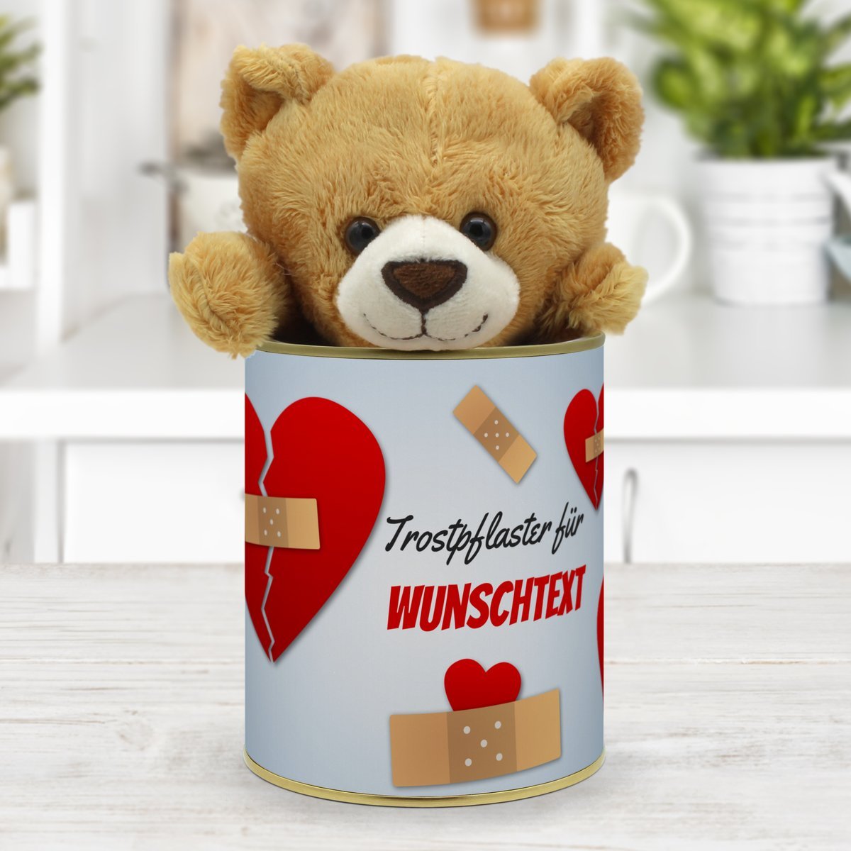 Personalisierte Geschenkdose - Teddybär (Motiv: Trostpflaster)
