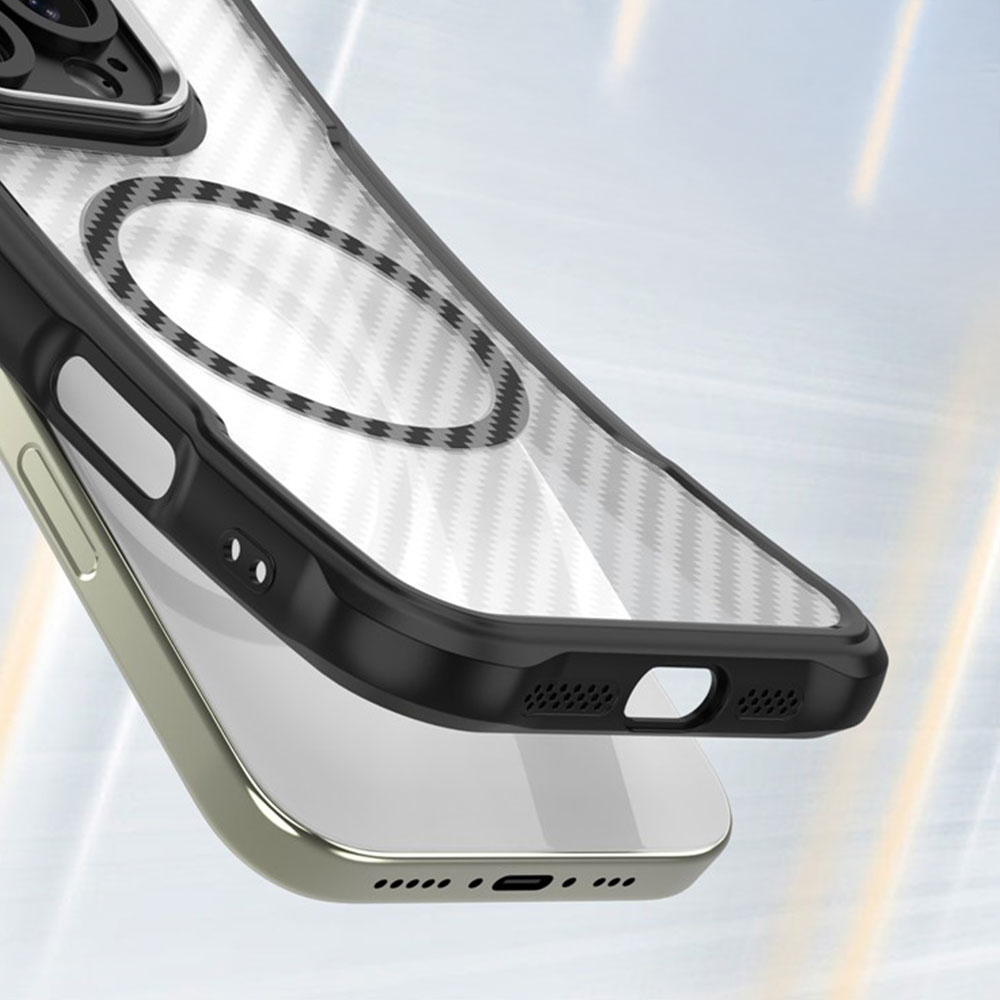 iPhone 16e MagSafe Gummi Case Schutzhülle Carbon Look Air Cushion Fallschutz mit Kameraschutz - Schwarz / Transparent