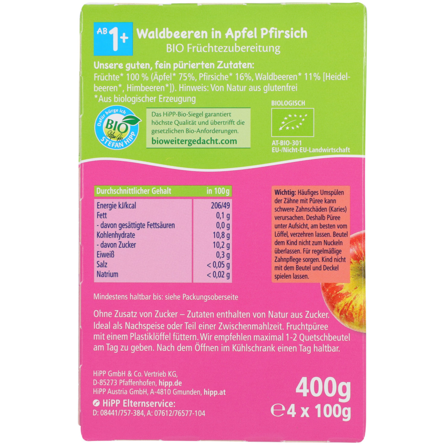 Hipp Waldbeeren Apfel & Pfirsich 12+ Monate 4x100g
