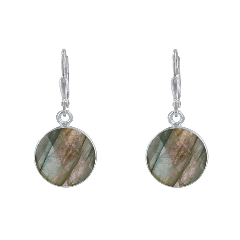 Boucles d'Oreilles Argent Disque de Labradorite Facettée