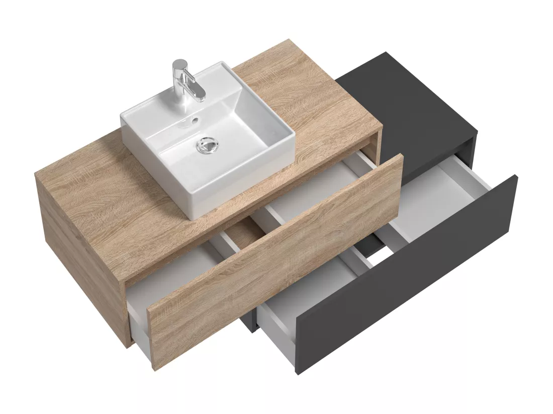 Meuble de salle de bain suspendu naturel clair et anthracite avec simple vasque carrée et deux tiroirs - 94 cm - TEANA II