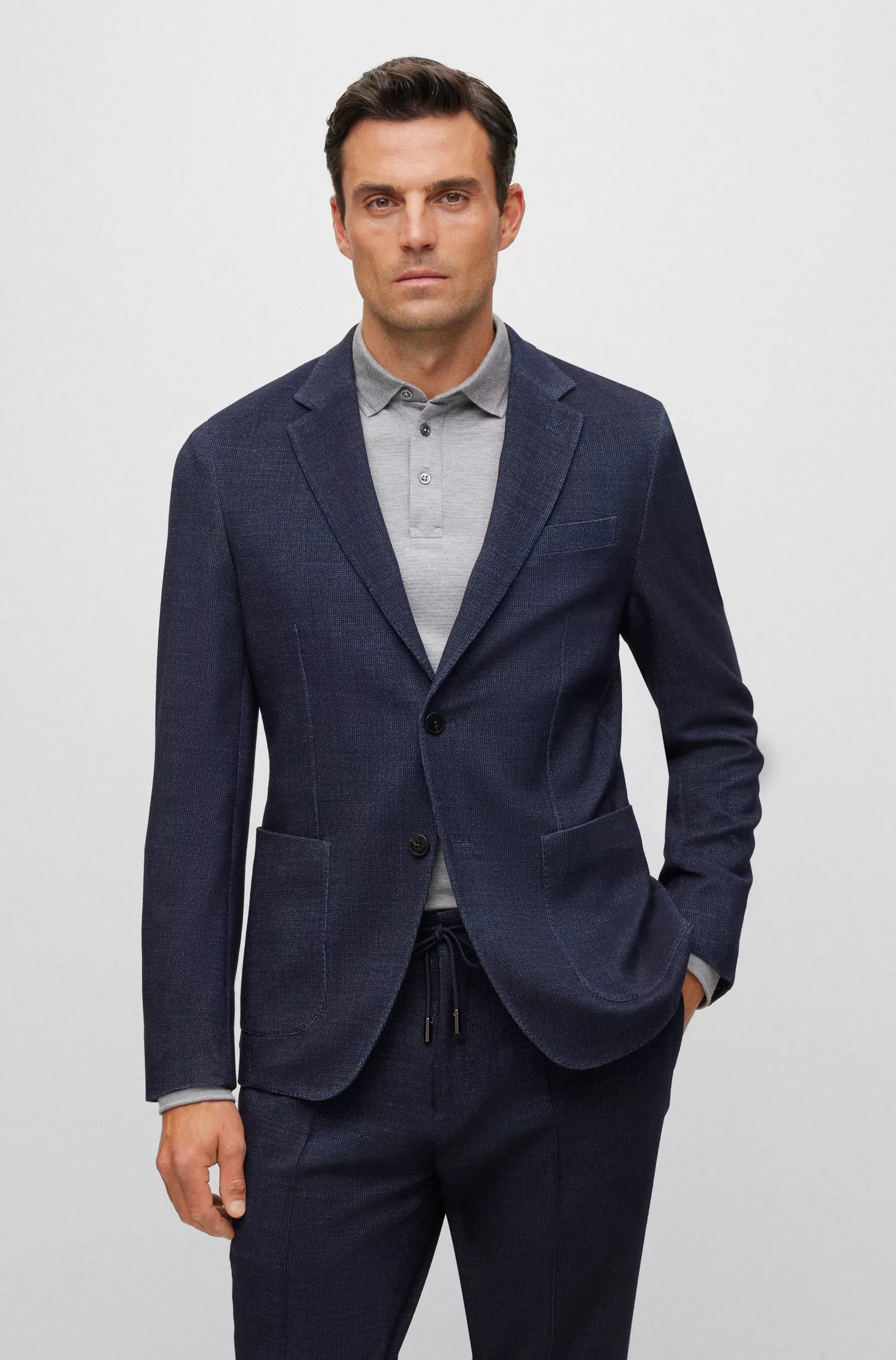 Jaqueta BOSS Camel Slim-fit em tecido micro-padronizado com seda