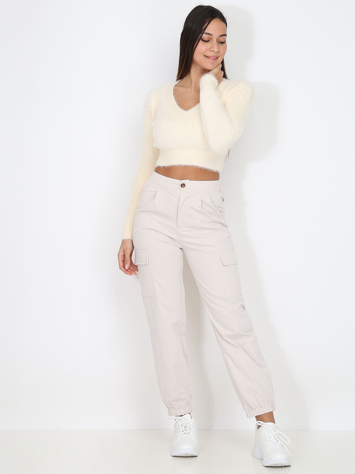 Pull cropped duveteux- Beige