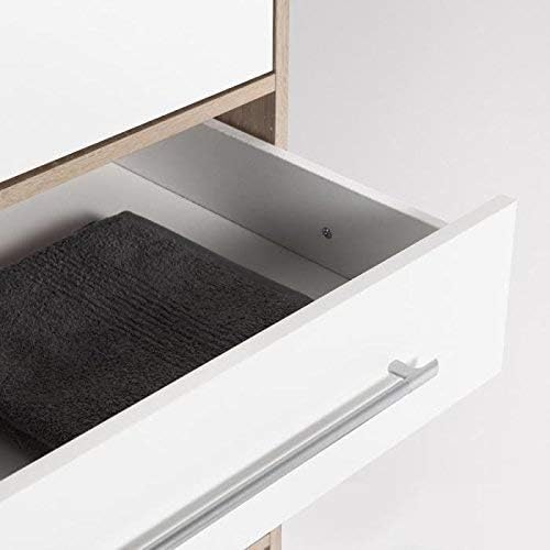 FORTE Jupiter Schrank 140 150, Kleiderschrank, Drehtürenschrank, 3-türig, mit 3 Schubladen und Einlegeböden, Weiß mit Holz Dekor: Sonoma Eiche, 145 cm breit x 60 cm tief x 200 cm hoch