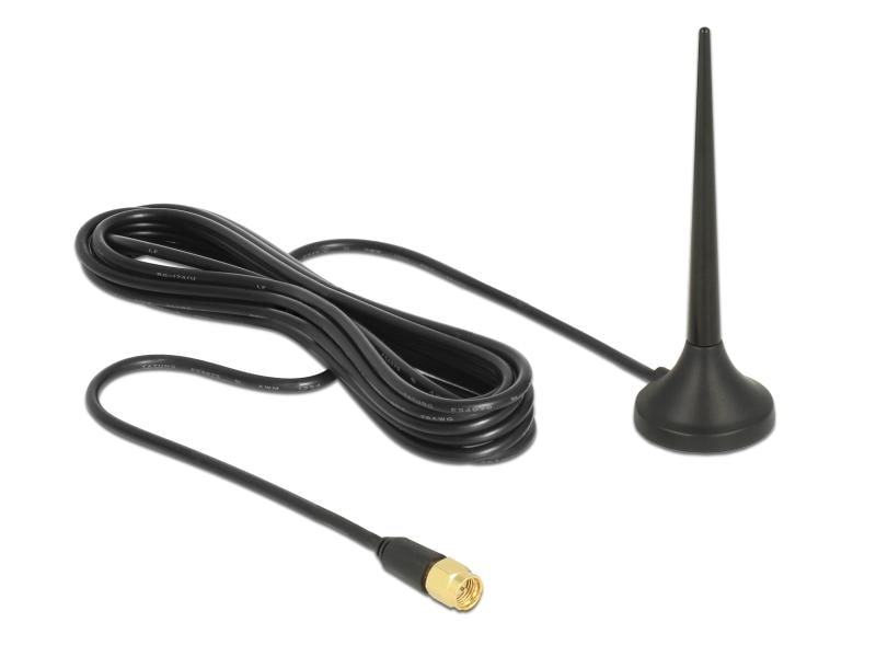 Delock LTE/LoRA-Antenne SMA 0.8-2.4GHz 9 cm SMA 3 dBi Runds Delock LTE / GSM / UMTS Antenne SMA Stecker 3 dBi starr omnidirektional mit magnetischem Standfuss und Anschlusskabel RG-174 2 m outdoor schwarz