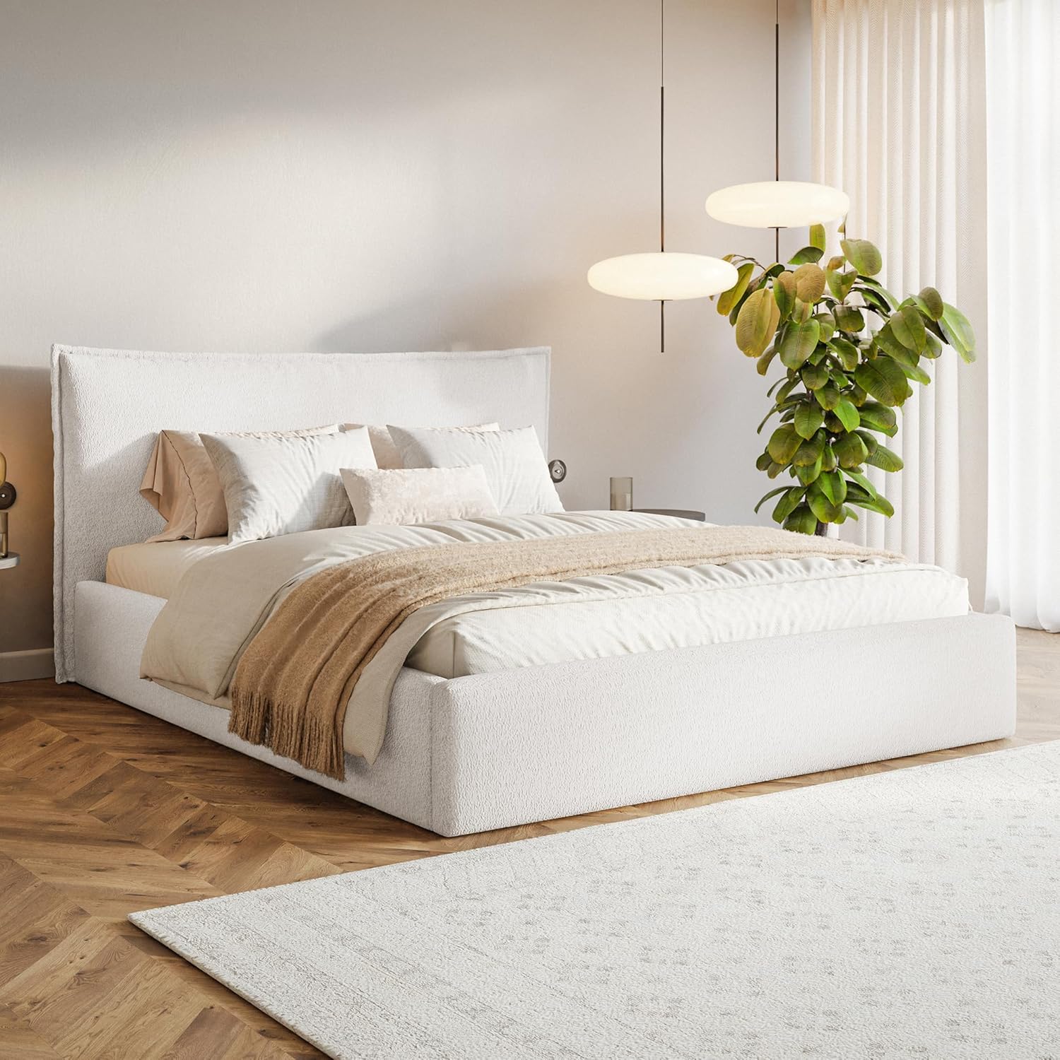 Leno Bett 180x200 Weiß Boucle, mit Stauraum, mit Kopfteil, mit Lattenrost, ohne Füße, ohne Matratze, Polsterbett 180x200 mit Bettkasten Weiß (Milch)
