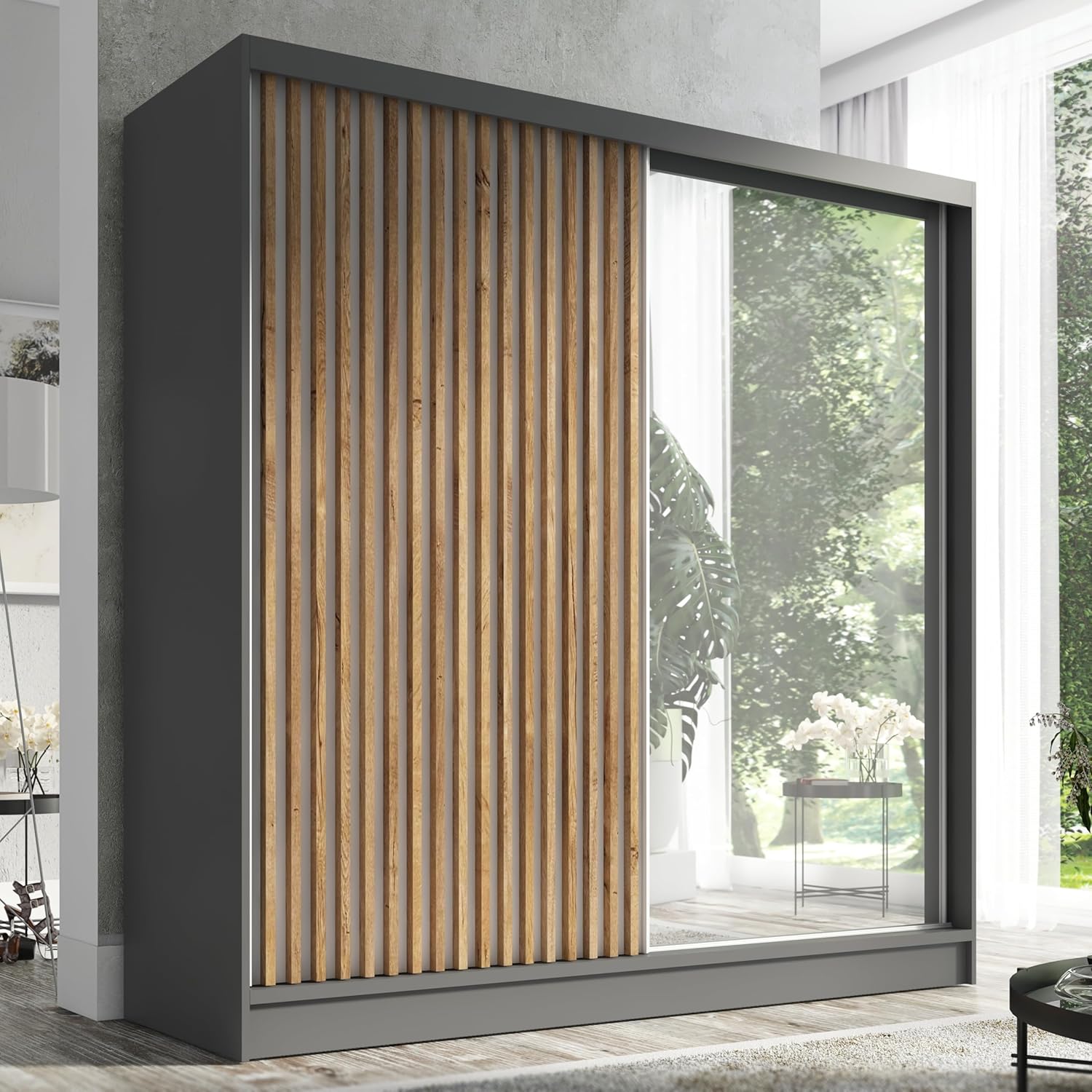 A&J MöbelLand Schwebetürenschrank LINA Kleiderschrank 200 cm mit Spiegel, 3 Schubladen & 3D-Lamellen (Graphit)
