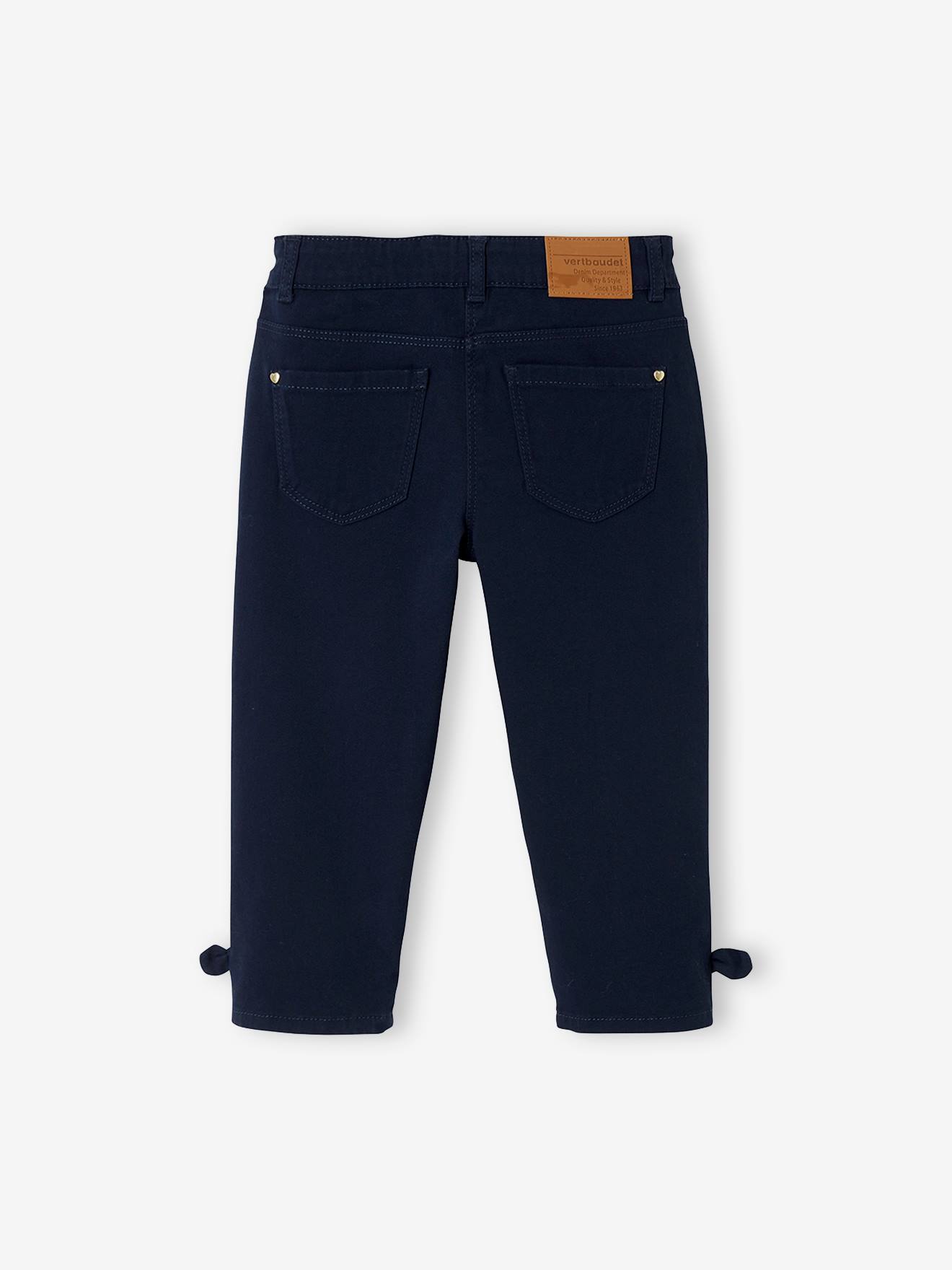 Calça cropped azul-escura lisa com laços para meninas
