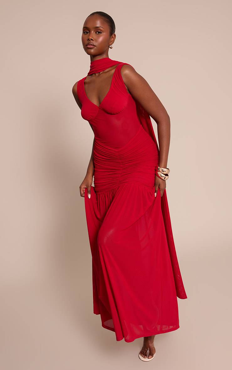 Rouge Robe Longue En Mesh Avec Détail Foulard