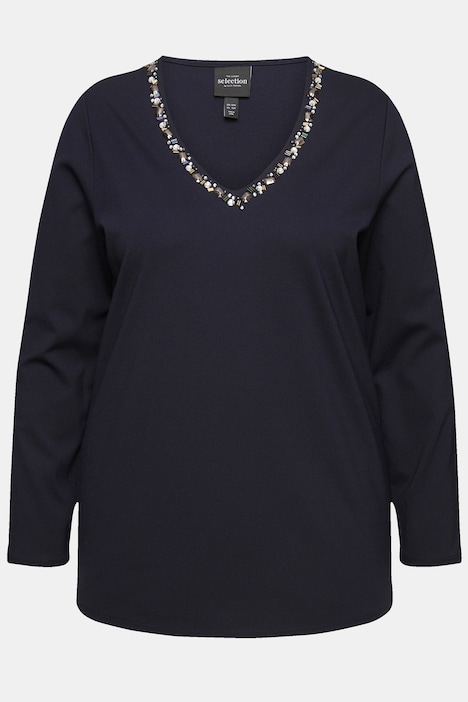 Shirt, Ziersteine, Classic, V-Ausschnitt, Langarm