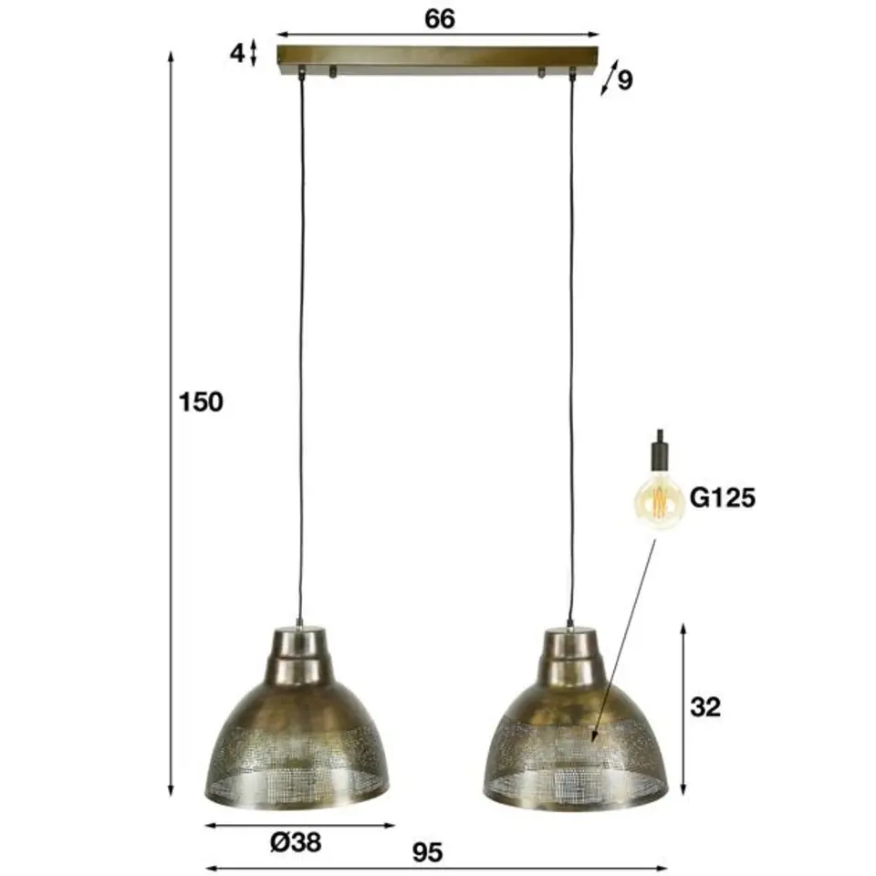 Industriële hanglamp Luisa 2-lichts metaal brons 38x95x150 cm Brons