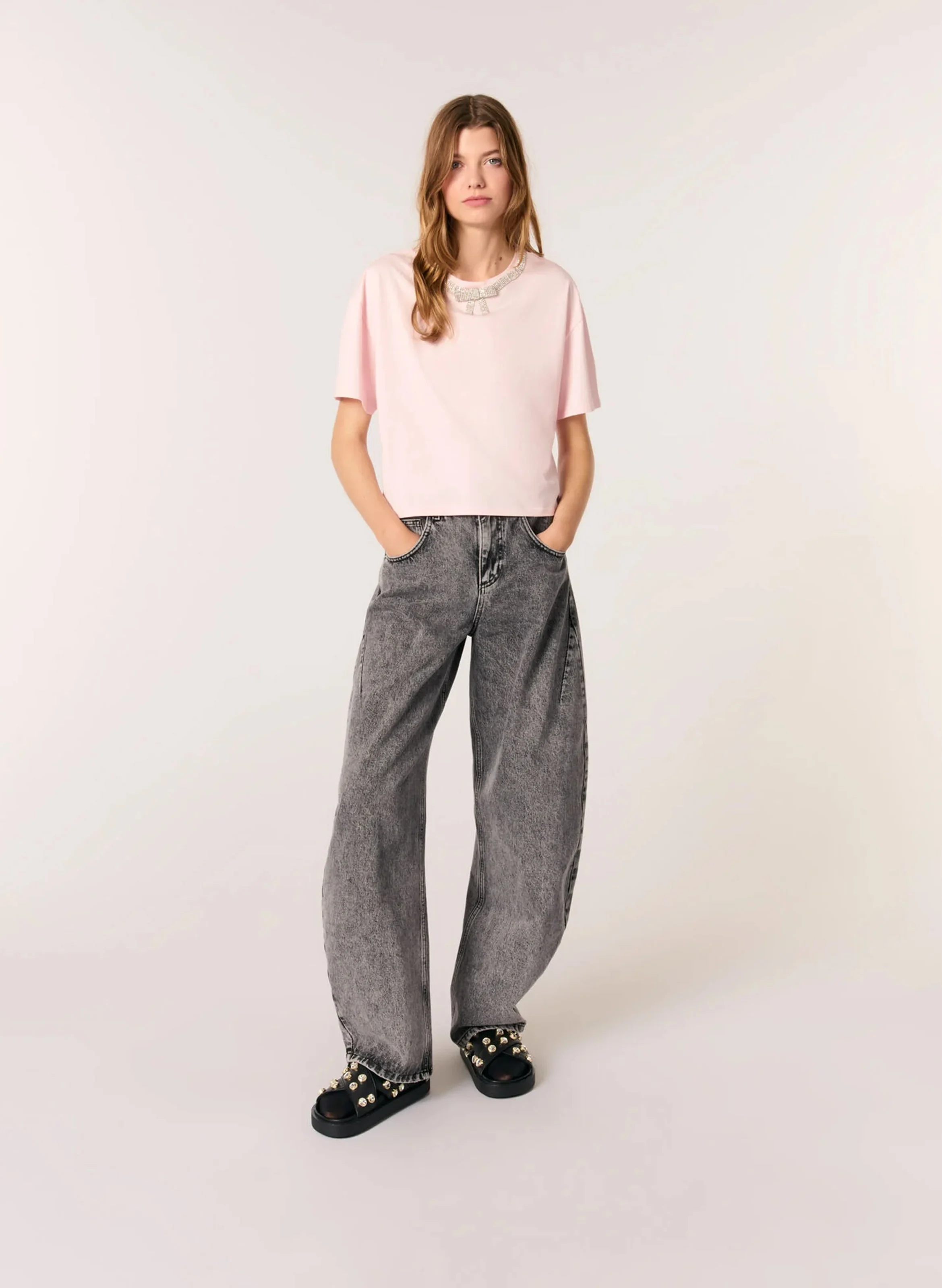 Tee-shirt court à détails strass en coton | Rose