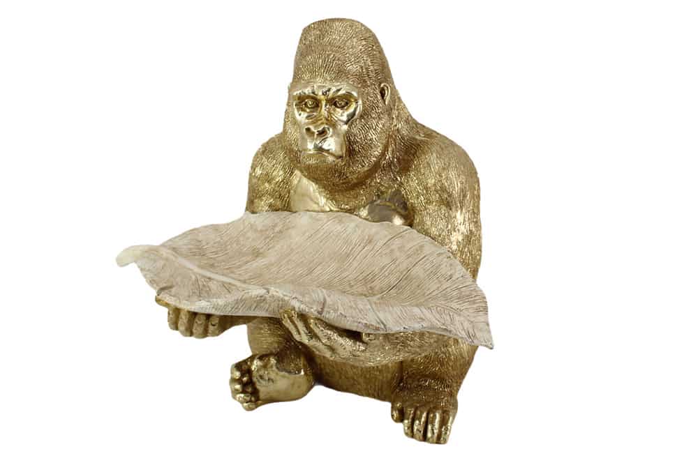 Deko-Figur GORILLA 40cm gold beige handmade mit Schale im Blatt-Design