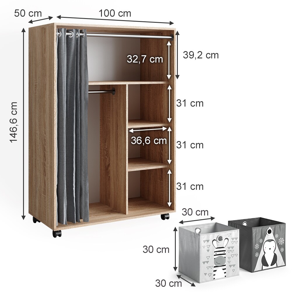 Vicco mobiler Kinderkleiderschrank Dielenschrank Garderobe Doros Sonoma modern 100 x 147 cm Faltboxen offen rollbar