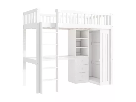 Lit mezzanine 90x200 Bureau Armoire 3 tiroirs Garde-corps Escalier Blanc