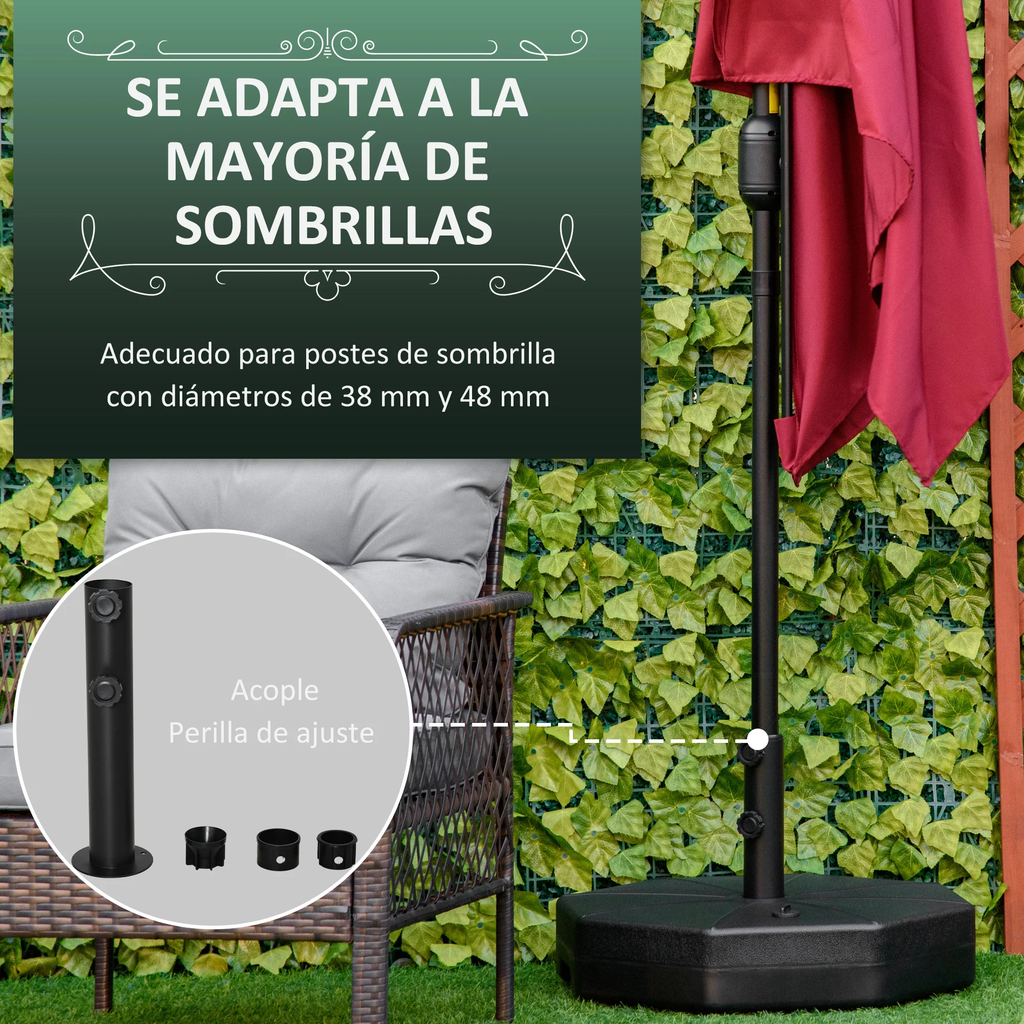 Base para guarda-sol Outsunny, preenchível com água (28 kg) ou areia (40 kg), octogonal, adequada para mastros de 38 mm e 48 mm, para jardim e pátio, Ø60 x 36 cm, preta.