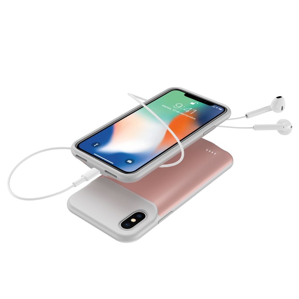 iPhone Xs / X Backpack Akku Case (5200mAh) Schutzhülle Qi Wireless - Roségold / Grau