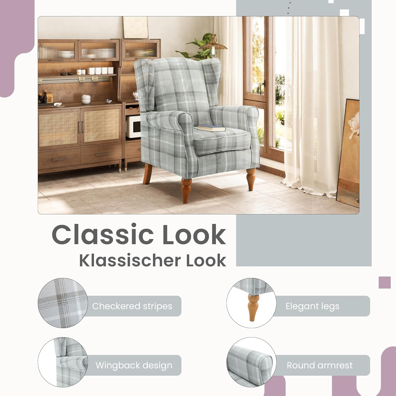 Ohrensessel, Vintage Sessel mit Holzfüße, gepolsterte Relaxsessel, Einzelsessel für Wohnzimmer, Schlafzimmer, Leinen