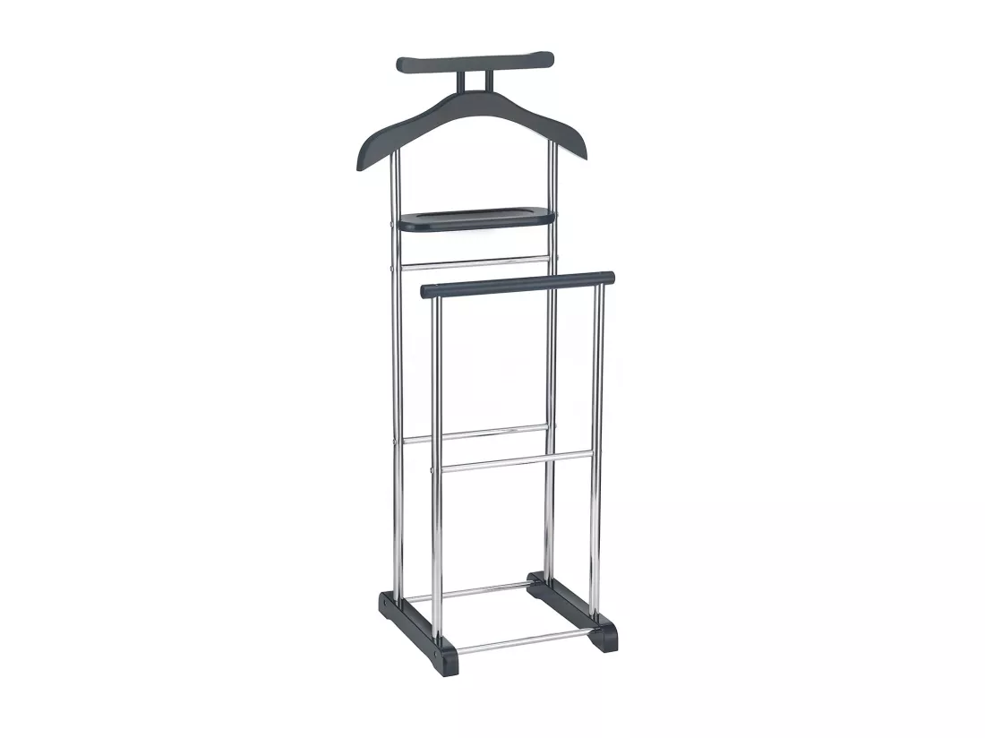 Valet de chambre MUMBAI chevalet de nuit portant pour vêtements, structure en métal chromé et MDF noir