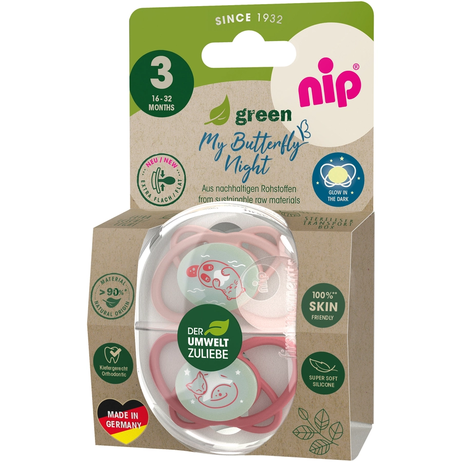nip® Nachtschnuller My Butterfly Night Green, Größe 3 (16-32 Monate), Silikon Rot
