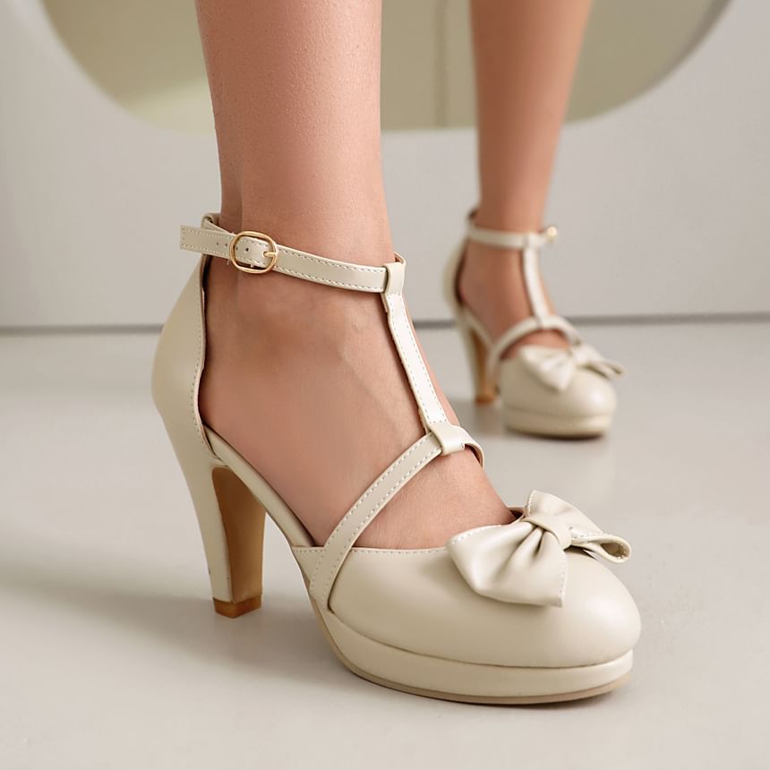 Megan - Chunky Heel Plain Bow Accent Faux Leather D'Orsay Pumps