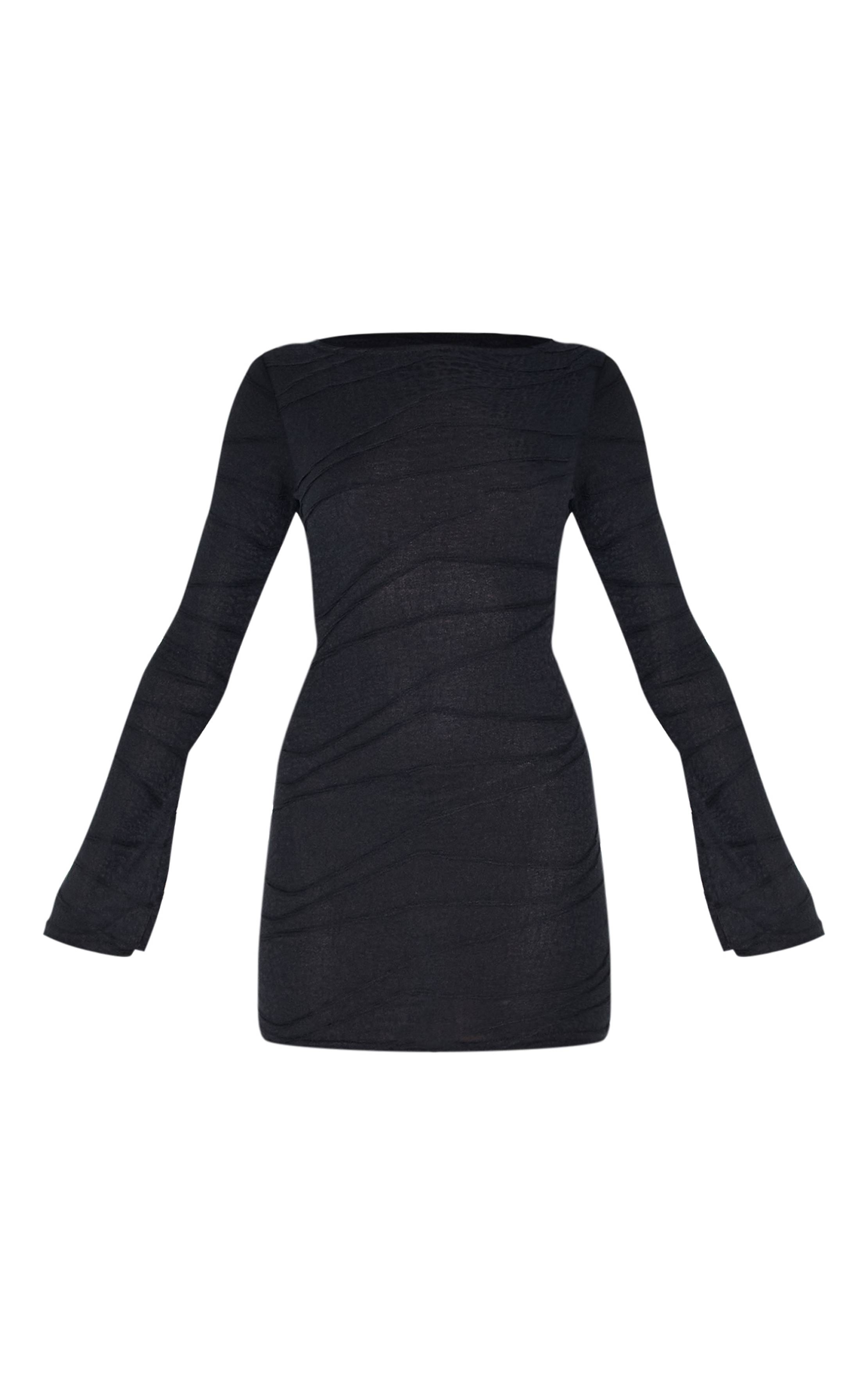 Noir Robe Droite Texturée À Manches Longues Évasées