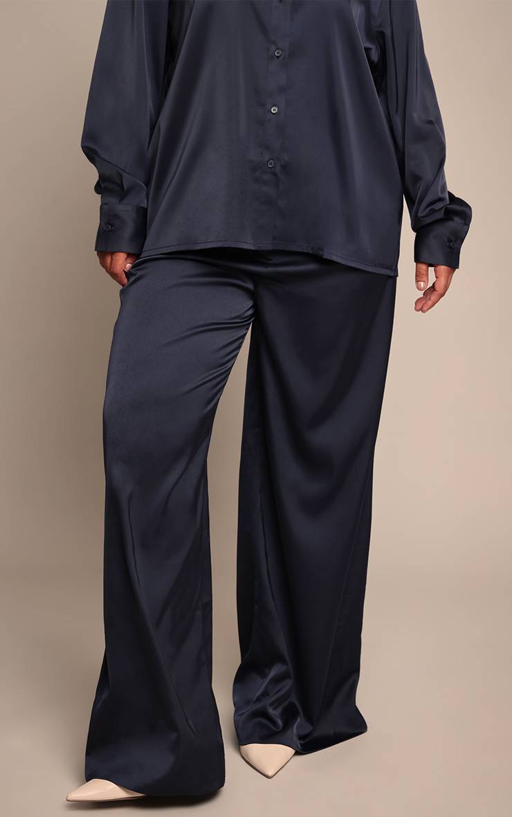 Noir Pantalon Large Taille Haute En Satin Froissé Grande Taille