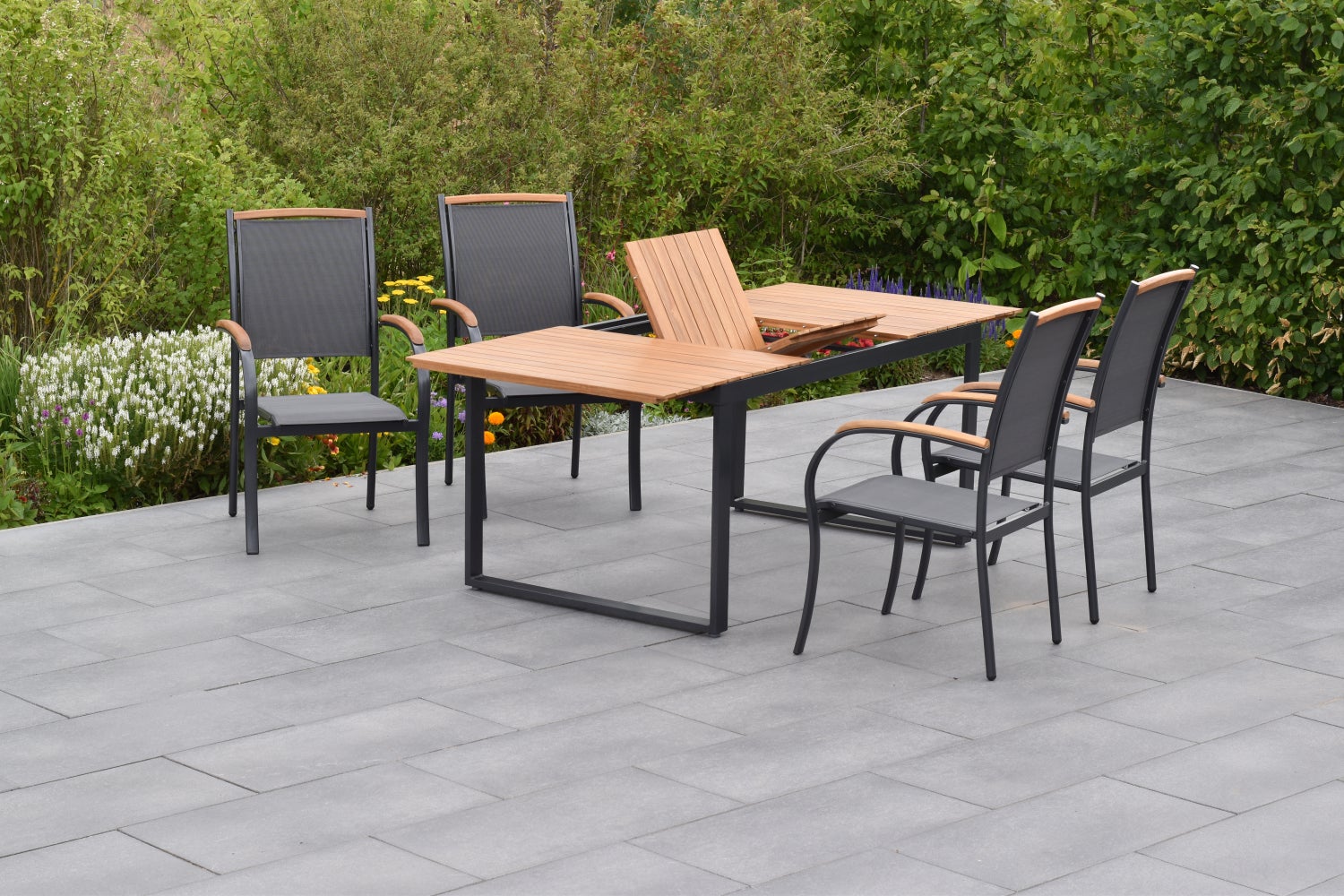 Siena 5-delige tuinmeubelset, stapelbare stoelen, uitschuifbare tafel 150 (200) x 90 cm, grafiet/grijs