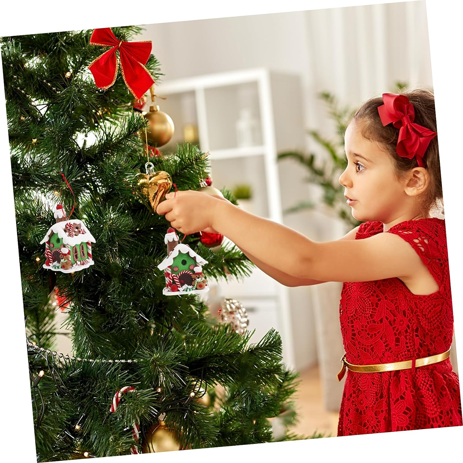 (3er Set) LED Christbaum Schmuck Weihnachtsbaum Deko Ornamente (inkl. LR44 Batterien) - Lebkuchenhaus Rot