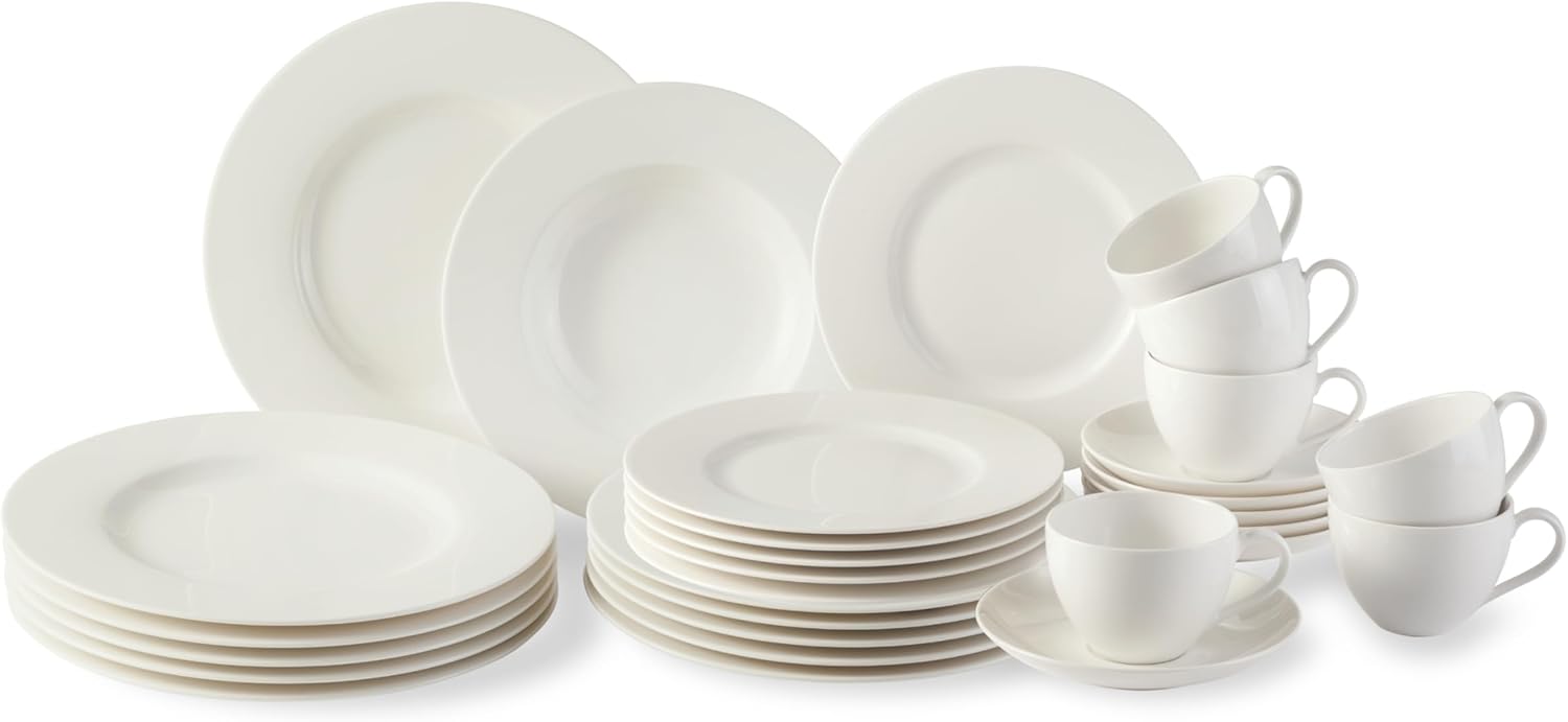 vivo - Villeroy & Boch Group - Basic White Kombiservice 30 Teilig, Spülmaschinenfest, Mikrowellensicher, Tafelservice Weiß, Geschirrset, Kaffeeservice, Keramik, Teller, Tassen, Premium Porzellan