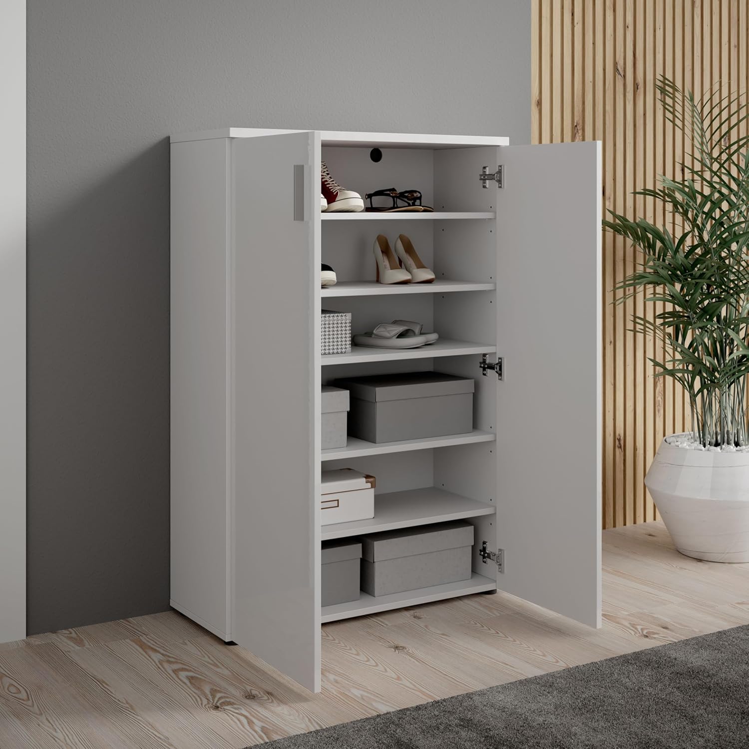 Stella Trading Schuhschrank, Weiß Hochglanz - Praktisches Schuhregal Schuhkommode zur platzsparenden Aufbewahrung von Schuhen - 80 x 120 x 35 cm (B/H/T)