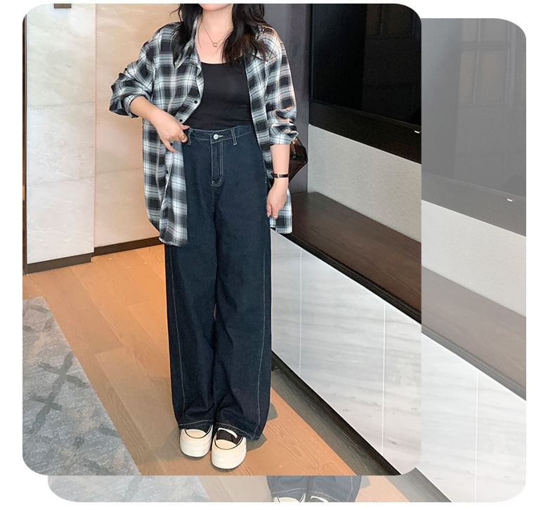 Tripoly - Plus Size High Rise Washed Wide Leg Jeans