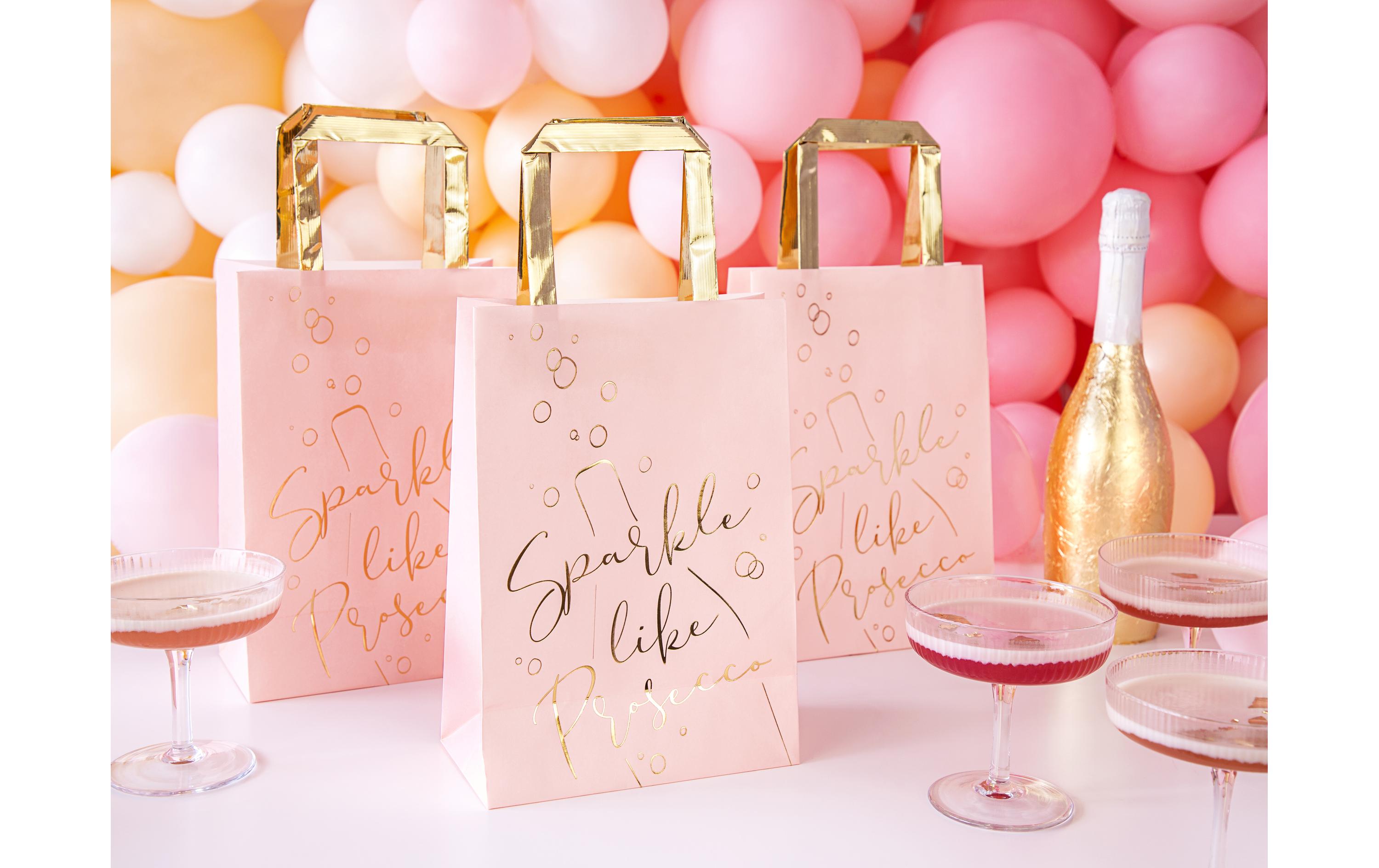 Geschenktasche Prosecco 18 x 26 x 10 cm, 6 Stück, RosaGeschenktüte mit goldmetallischem Aufdruck