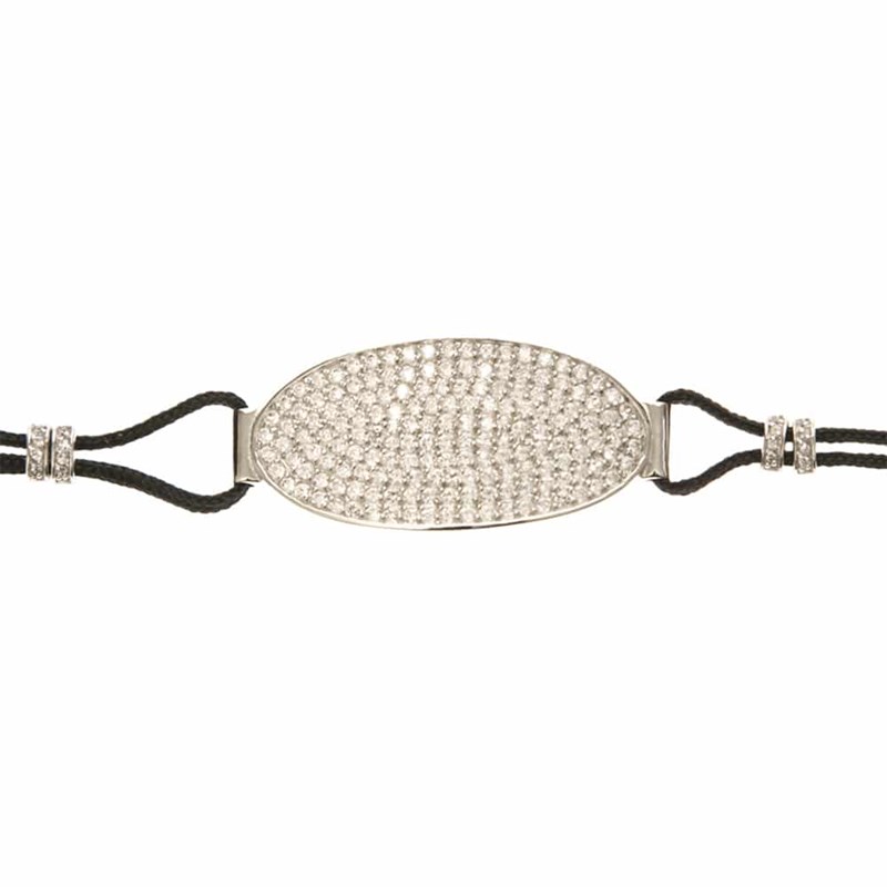 Bracelet Argent Cordon Plaque Ovale Sertie Rhodie