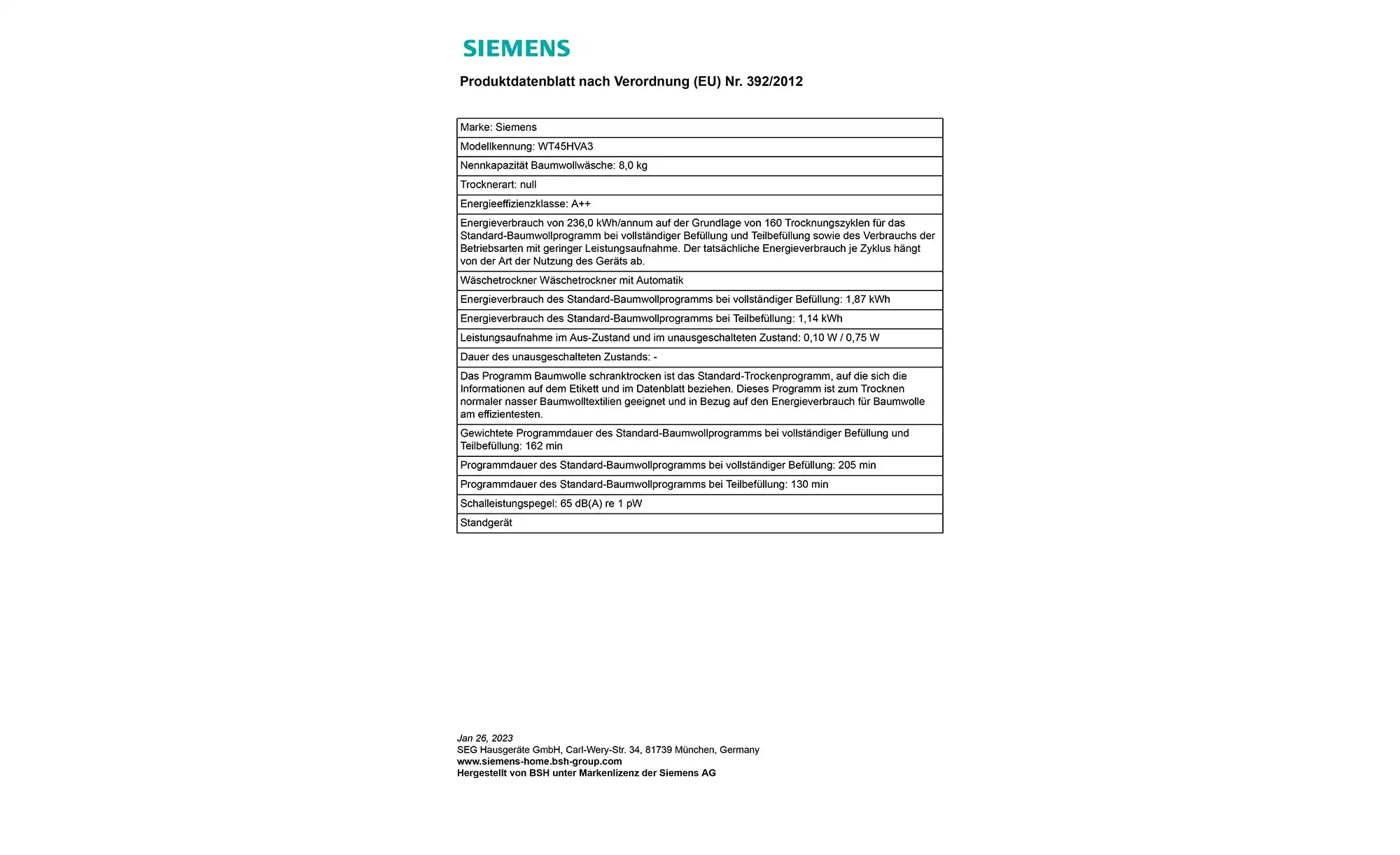 SIEMENS Wärmepumpentrockner WT45HVA3