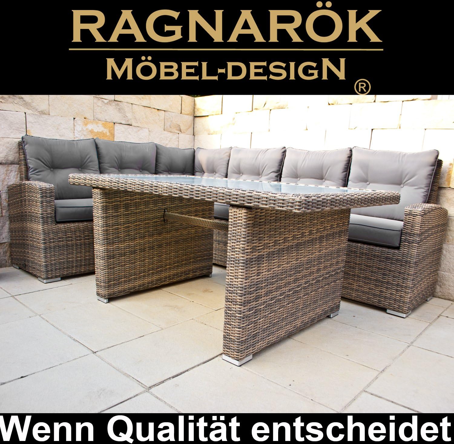 Ragnarök-Möbeldesign DEUTSCHE Marke - EIGNENE Produktion 8 Jahre GARANTIE auf UV-Beständigkeit PolyRattan Gartenmöbel Tisch + Dinning Lounge