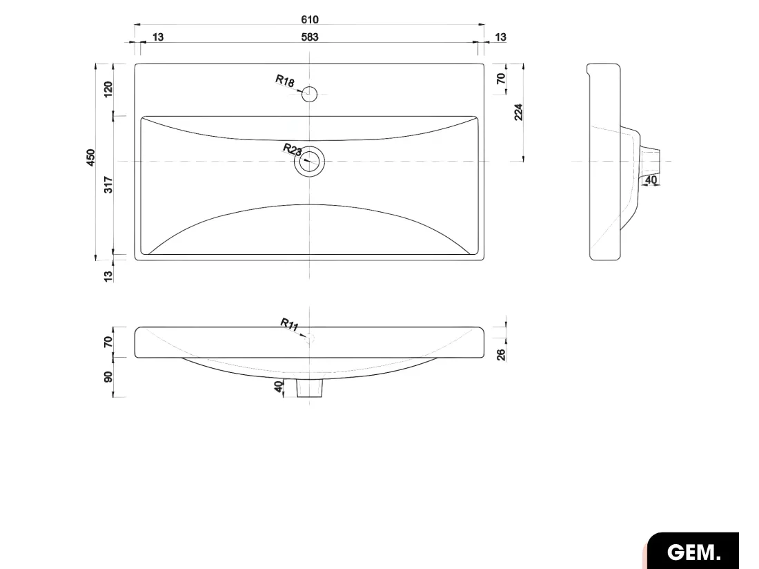 Vasque à encastrer avec siphon OFFERT | GEM | Blanc | 61 × 7 × 46