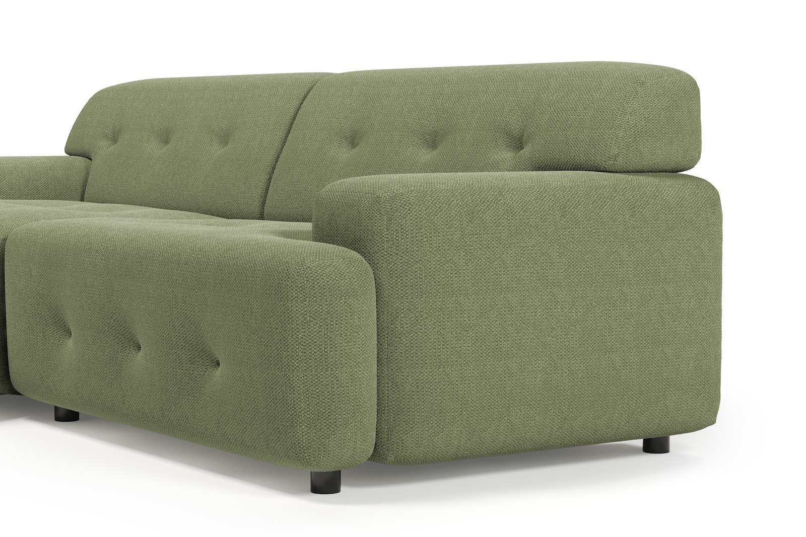 Bob sofa 1,5-seter med sjeselong venstre. Tekstil Mito 55 Pale Green med sorte ben.