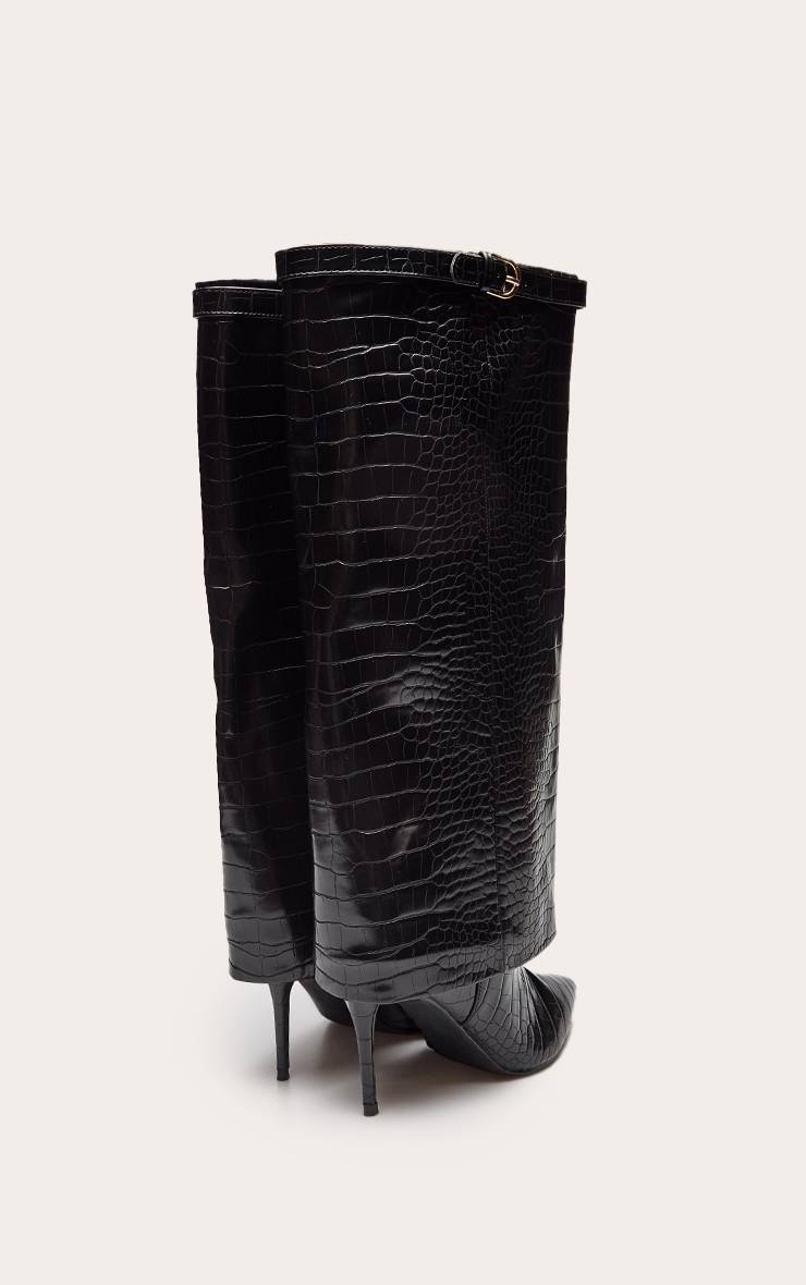 Noir Effet Croco Botte Haute À Talon Effet Synthétique Avec Revers
