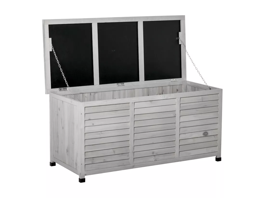 Coffre de rangement extérieur façade persienne - coffre jardin 283L - dim. 127 x 56 x 60cm - bois gris